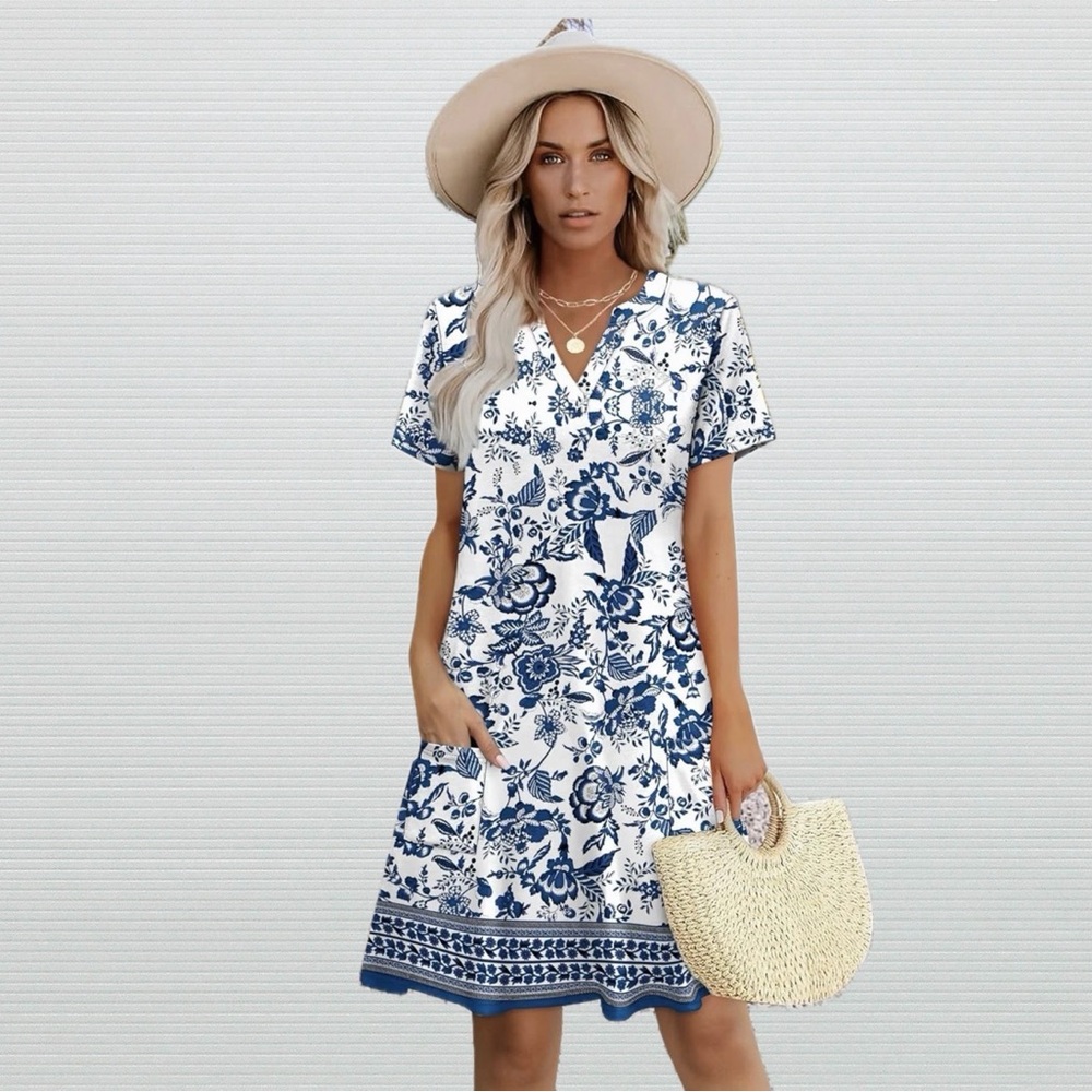 WIHOLL NWT Blue & White Floral Pocket Casual Dress, Size L, Soft & Stretchy